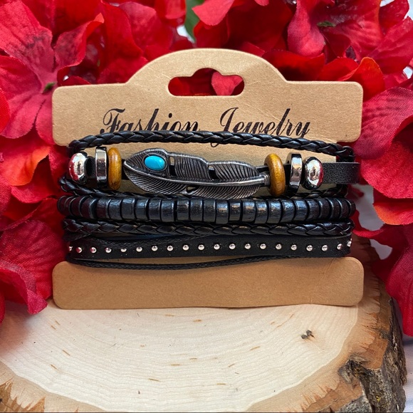 Boho Multilayer Leather Feather Beaded Bracelets - Picture 4 of 8